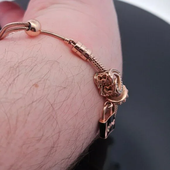 MET Pandora Rose Tone Charm Bracelet Love Padlock Entwined Hearts Beads - Picture 6 of 11